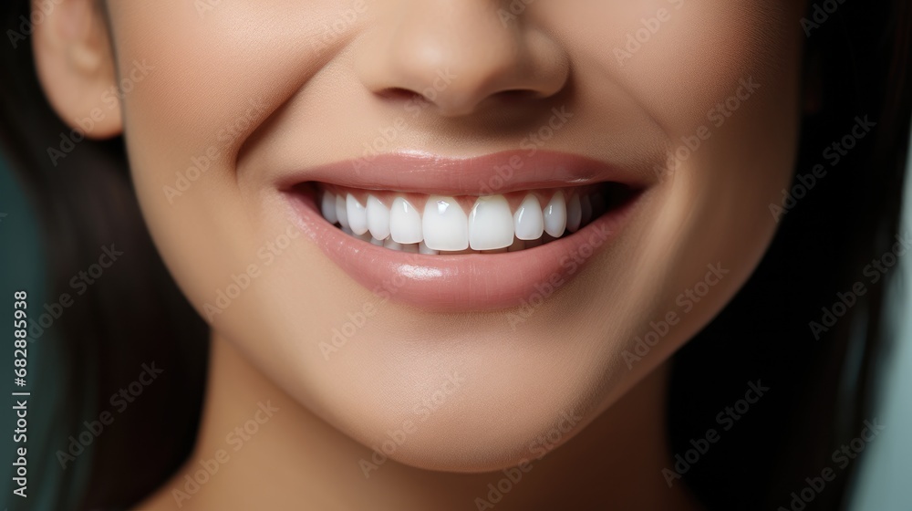 Smiling woman with white teeth, close-up of teeth on face Smiling woman with white teeth, close-up of teeth on face