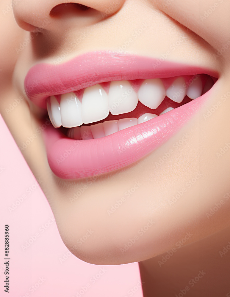 Obraz premium Smiling woman with white teeth, close-up of teeth on face