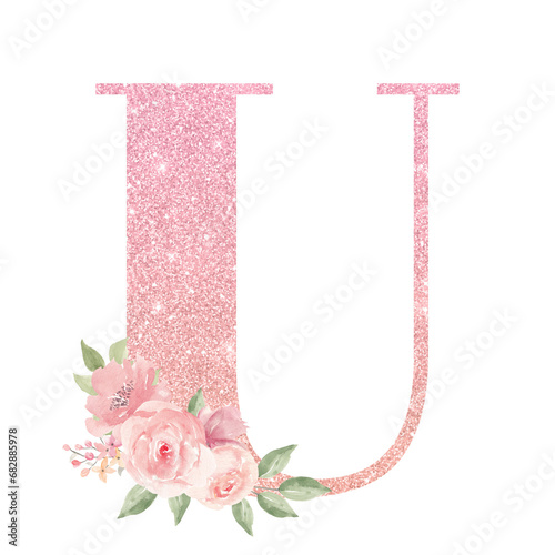 glitter Alphabet Letter U with Flowers