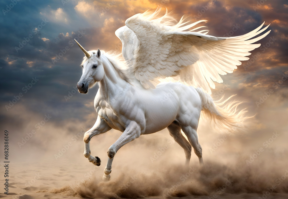 The mythical white Pegasus unicorn horse is running and preparing to fly.