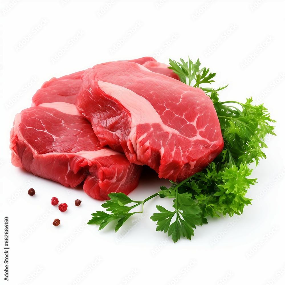 Raw beef steak with rosemary isolated on white background, top view, ai Raw beef steak with rosemary isolated on white background, top view, ai