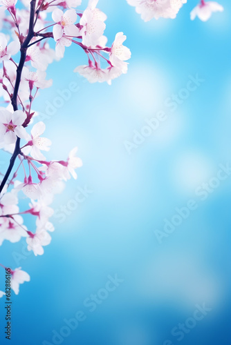 Beautiful spring border  blooming cherry blossoms on a blue background. Beautiful bokeh. Space for text