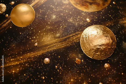 space, planets and stars theme golden metallic, close up, festive background, shiny