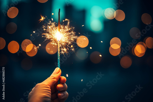 Hand holding a lit Sparkler exploding against a dark bokeh backdrop in the night