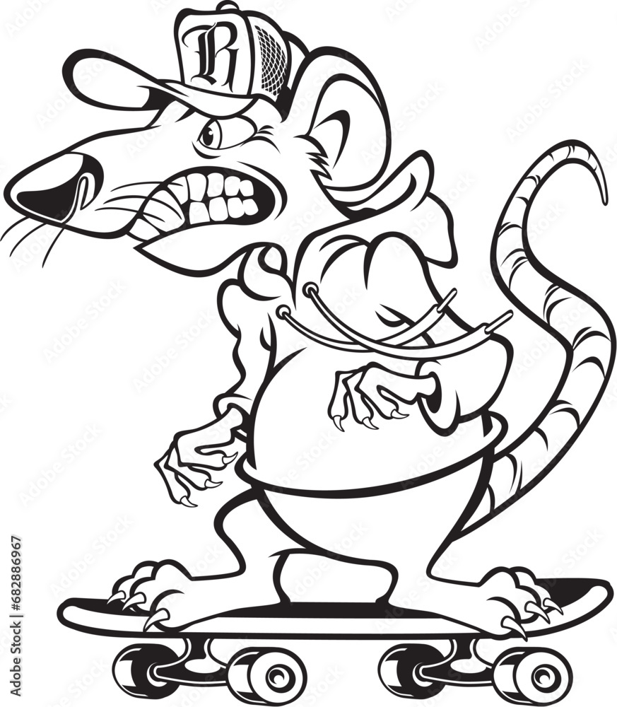 Cartoon style rat with cap and hoodie on a skateboard