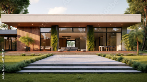 3d rendering of modern cozy house with pool and parking for sale or rent © Kosal