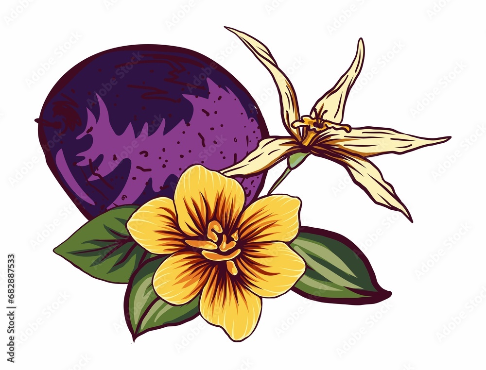Obraz premium elements for design passion fruit with flowers and vanilla, packaging design, textiles, lantern, paper, tableware