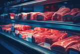 Meat shelf in a supermarket. Generative AI