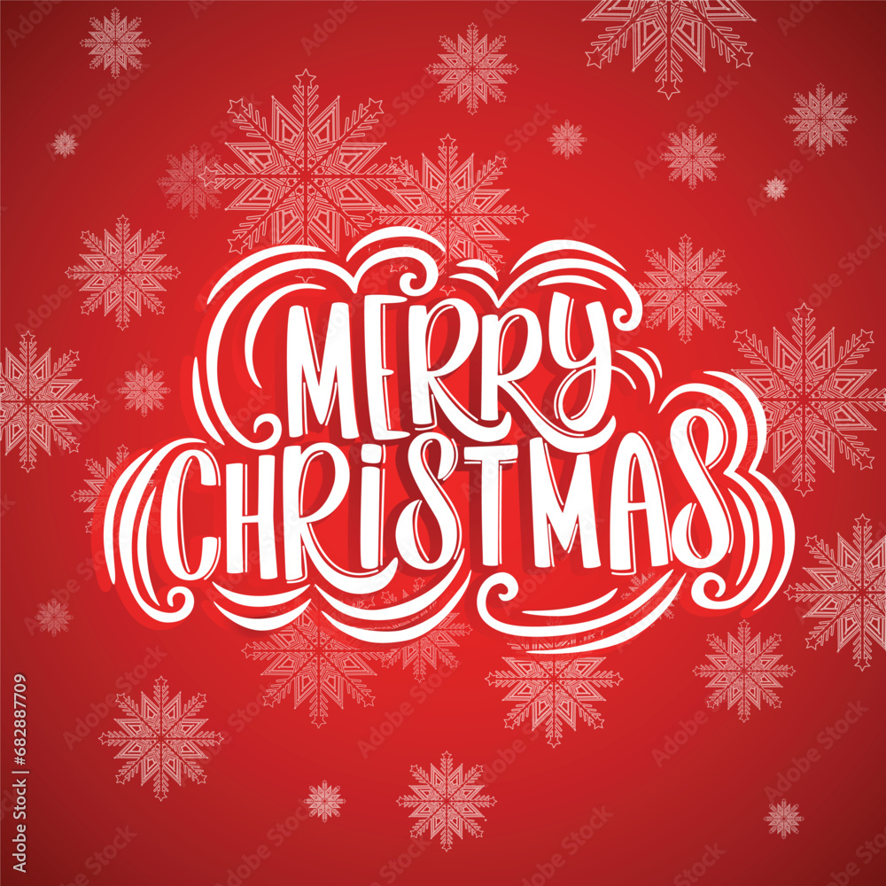 Merry Christmas greeting card lettering design red background.