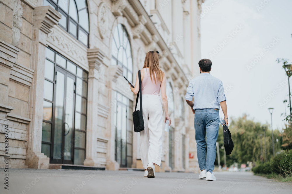 A couple explores urban city center, sharing growth strategy ideas for market expansion and profitability. Their partnership is key to successful business development.