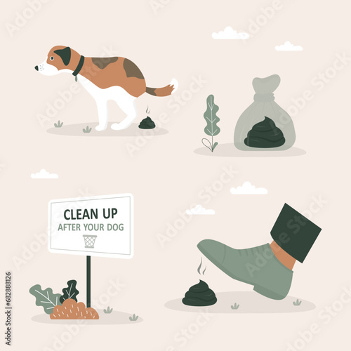 Set of designs about clean up after pets poops in public places. Bag of stinky poop in its paw. Domestic pet defecates. Shit in bag. Prohibition of pooping on lawn. Foot steps into poop.