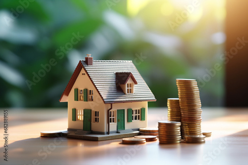 Financial of home loan concept, 3d house model and money coin stacks around placed on a table, isolated on blurred background. Generative AI.