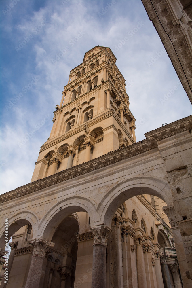 The Romanesque bell tower of the Cathedral of Saint Domnius - Katedrala Svetog Duje - in Split, Croatia. Located within the Diocletian Palace. Seen from Peristil 