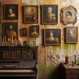 Interior of an abandoned mansion with paintings on the wall