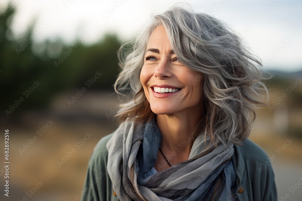 Smiling Lady with White Hair in Beautiful Nature Smiling Lady with White Hair in Beautiful Nature