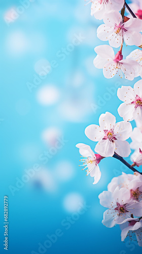 Beautiful spring border for Instagram story, blooming cherry blossoms on a blue background. Beautiful bokeh. Space for text