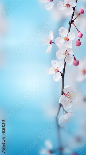 Beautiful spring border for Instagram story  blooming cherry blossoms on a blue background. Beautiful bokeh. Space for text