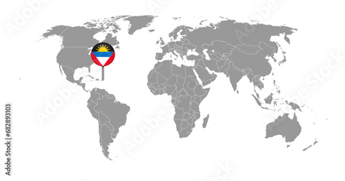 Pin map with Antigua and Barbuda flag on world map. Vector illustration.