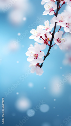 Beautiful spring border for Instagram story  blooming cherry blossoms on a blue background. Beautiful bokeh. Space for text