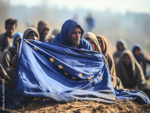 Dirty flag of the European Union, refugees come to the European Union symbolic image for bad asylum policy Ai generated