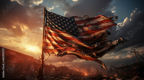 Foto Dirty flag of the United States of America, symbolic image for destroyed and bro