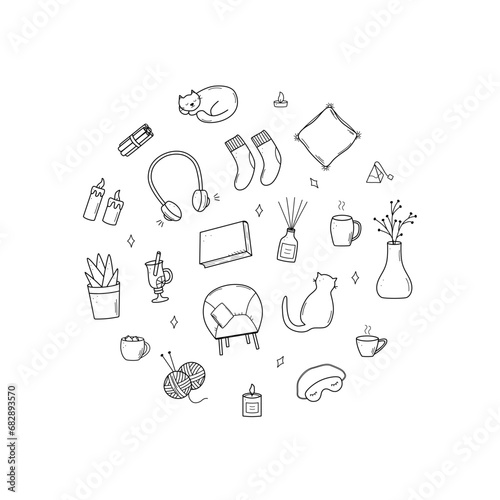 Cozy home set of doodle cartoon icons. Vector illustration elements of home accessories, comfort and everyday life.