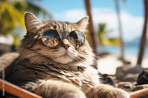 Fat purebred gray British cat in sunglasses on the beach
