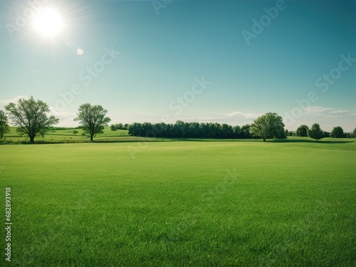 Panoramic View of Sunlit Grass Field, Natural Landscape