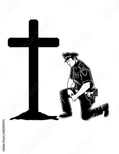 Police Dad Illustration, Policeman Kneeling on Cross, Police Clipart, Officer Cutfile, Sheriff Stencil, First Responder Vector