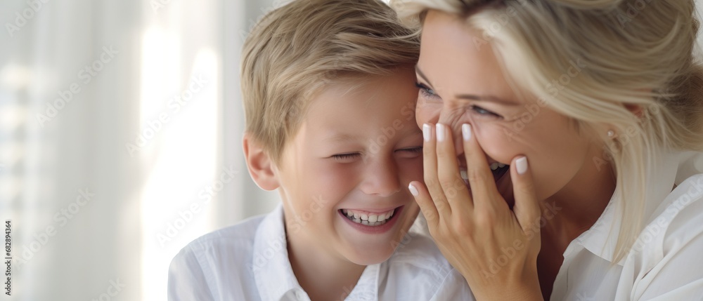 Happy family. Little boy cuddled with his mother Happy family. Little boy cuddled with his mother