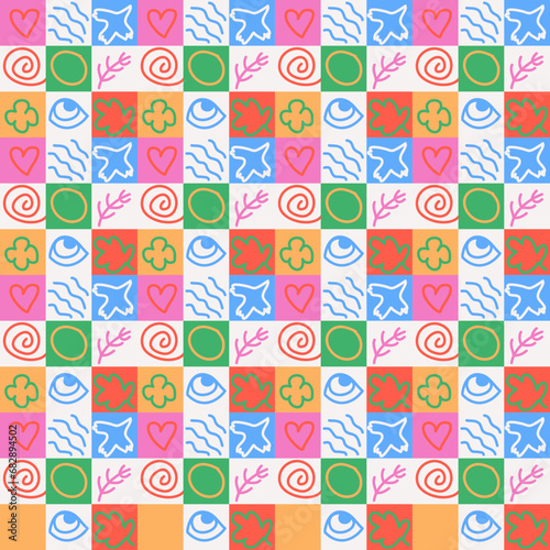 Abstract vector seamless patternwith squares and doodles elements. photo