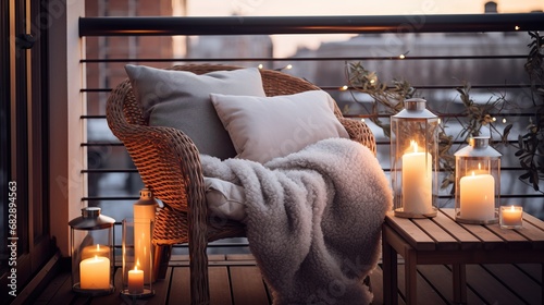 Cosy armchair and candle lights, winter balcony home decor, calm and relax city living mockup arrangement, Generative ai photo