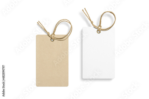 Set of two blank paper hang tags, price tags or cloth labels with string isolated on a transparent background, PNG. High resolution.