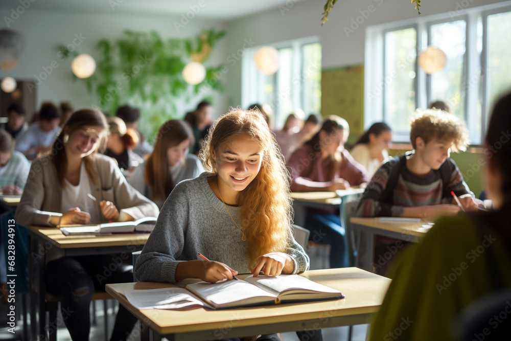 Young girl at school in a lesson class. Girl at the desk in a classroom. Education. AI.
Young girl at school in a lesson class. Girl at the desk in a classroom. Education. AI.
