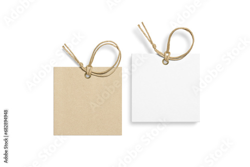 Set of two blank paper hang tags, price tags or cloth labels with string isolated on a transparent background, PNG. High resolution.