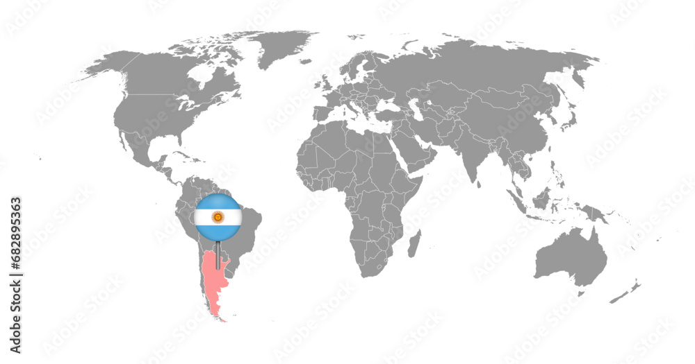 Naklejka premium Pin map with Argentina flag on world map. Vector illustration.