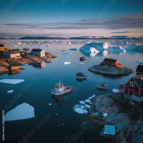 Arctic fishing village with small boats and icebergs 