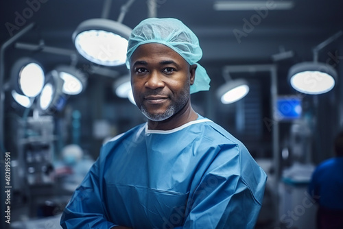 Professional emergency worker doctor medic wearing sterile uniform before operation Generative AI