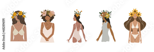 Bundle mit Gesichtslosen Frauen-Illustrationen und Blumen im Haar