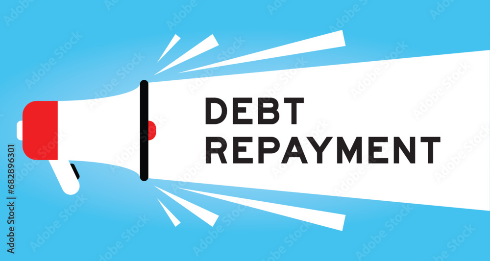 Color megaphone icon with word debt payment in white banner on blue background - obrazy, fototapety, plakaty 