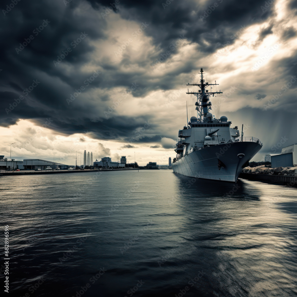 Stormy naval base with warships and dramatic clouds. 
