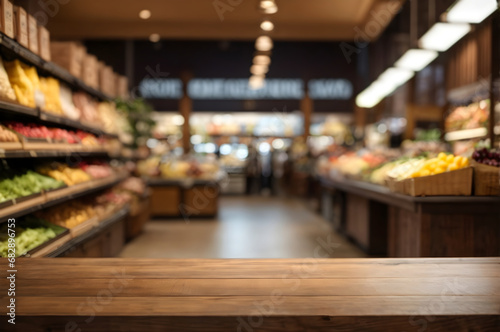 Photographie empty wooden table with beautiful grocery store background