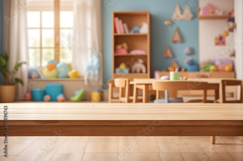 empty wooden table with blurred kids room interior on the background