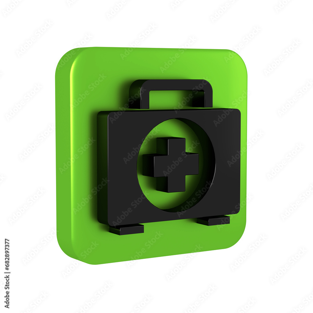 Fototapeta premium Black First aid kit icon isolated on transparent background. Medical box with cross. Medical equipment for emergency. Healthcare concept. Green square button.