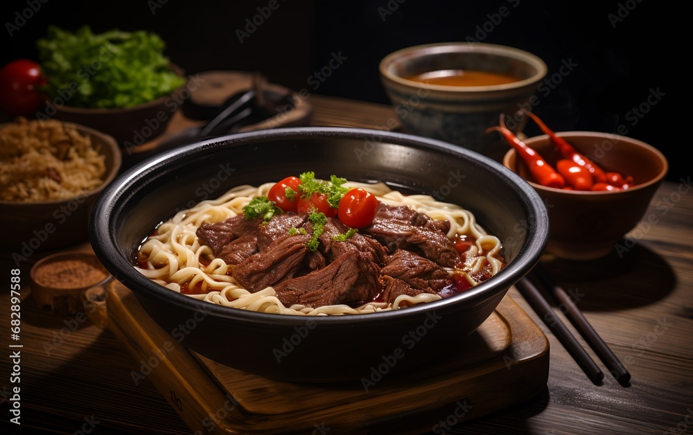 Close up View of Delicious Chinese Beef Noodle Soup in a Traditional Chinese Bowl Close up View of Delicious Chinese Beef Noodle Soup in a Traditional Chinese Bowl