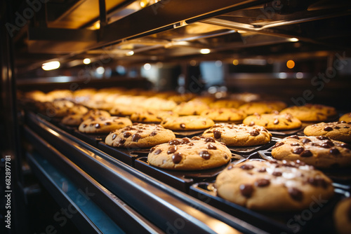 Cookies on a conveyor belt, food factory operates a production line, processing sweets, bakery photo
