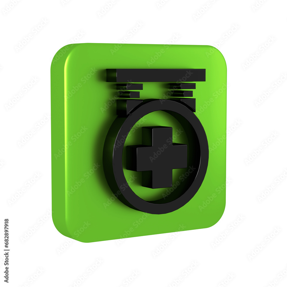 Obraz premium Black Hospital signboard icon isolated on transparent background. Green square button.