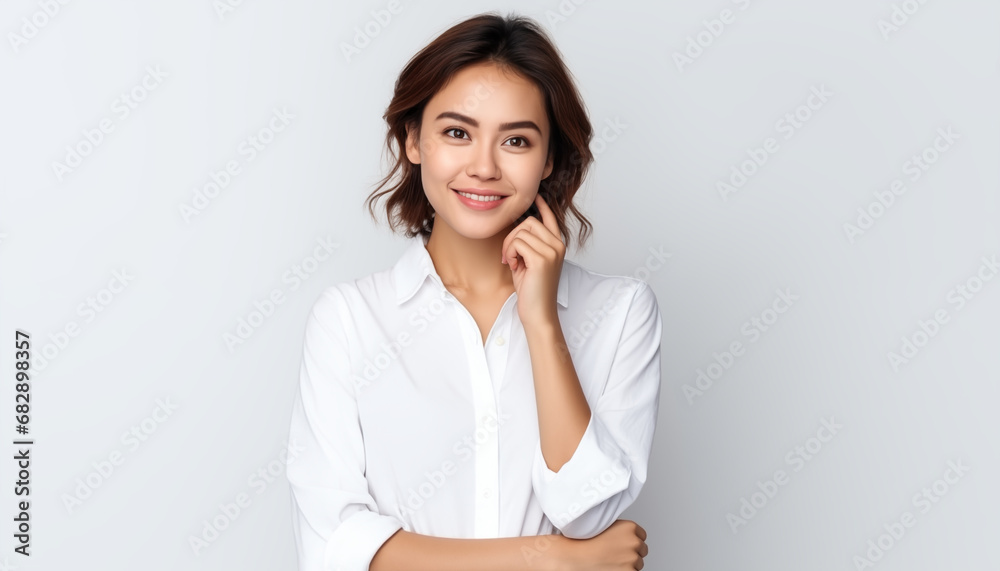 Portrait of a Happy Asian Saleswoman: Confidently Smiling, Attractive in Casual Business Attire, a Model of Success and Beauty Portrait of a Happy Asian Saleswoman: Confidently Smiling, Attractive in Casual Business Attire, a Model of Success and Beauty