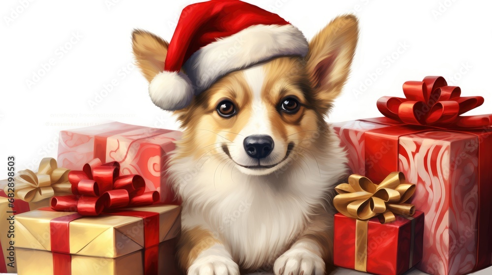 Cute dog puppy with christmas gift boxes concept photo poster merry present red new year