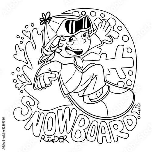 Illustration in black and white  of a boy with his snowboard surfing in the snow and a big snowflake in the background, coloring page